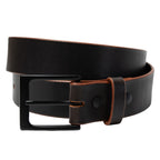 Black leather belt with a black buckle on a white background