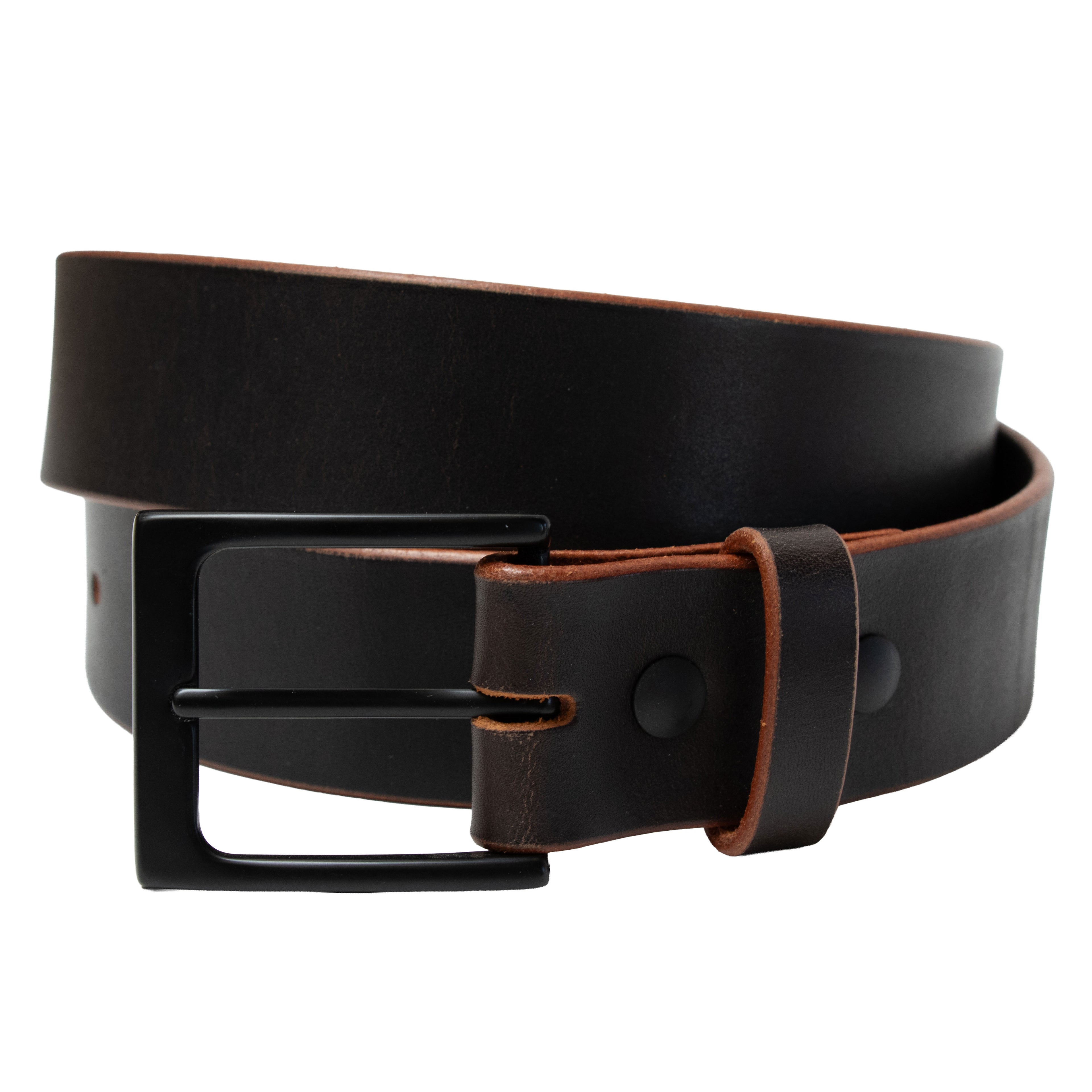 Black leather belt with a black buckle on a white background