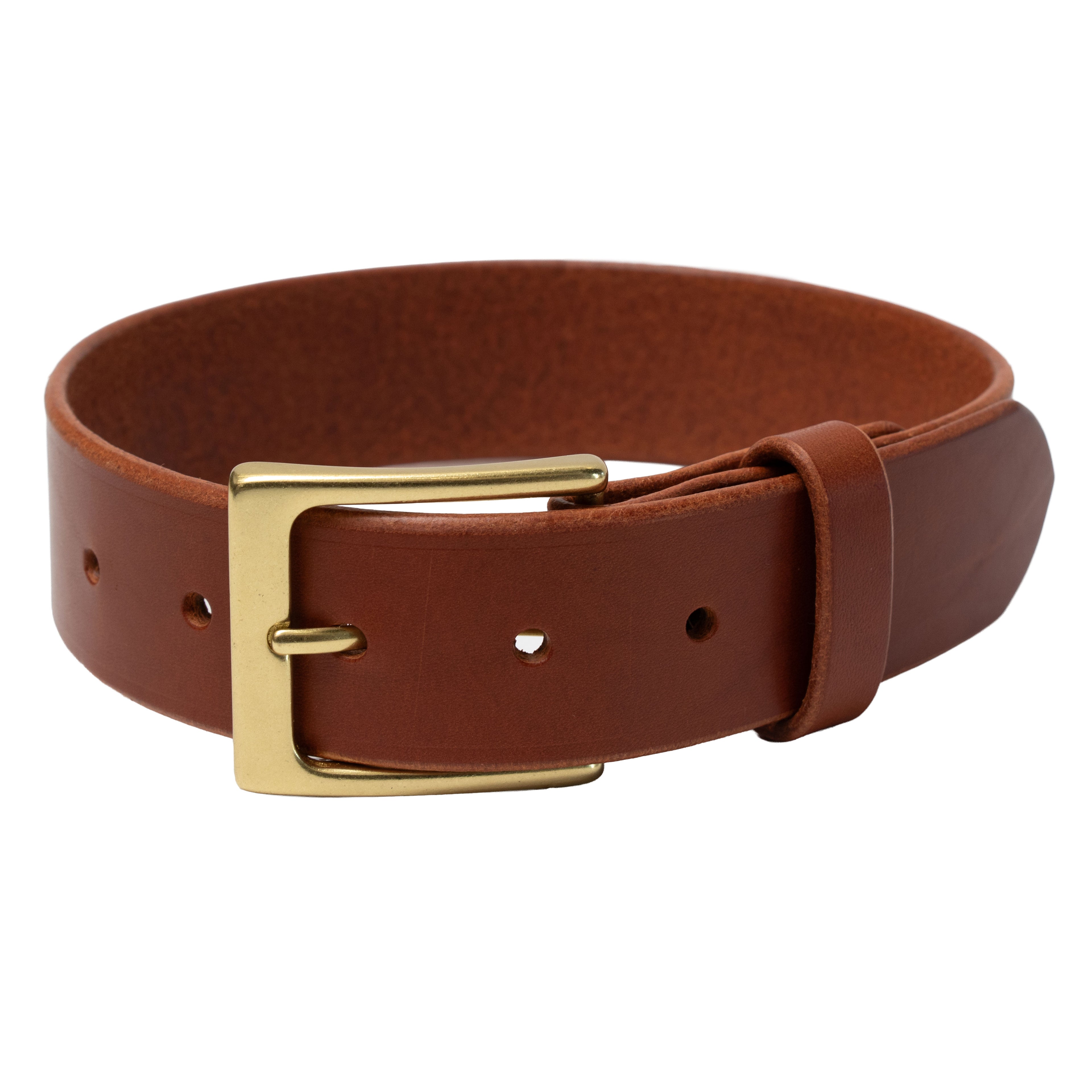 Brown leather belt with a gold buckle on a white background
