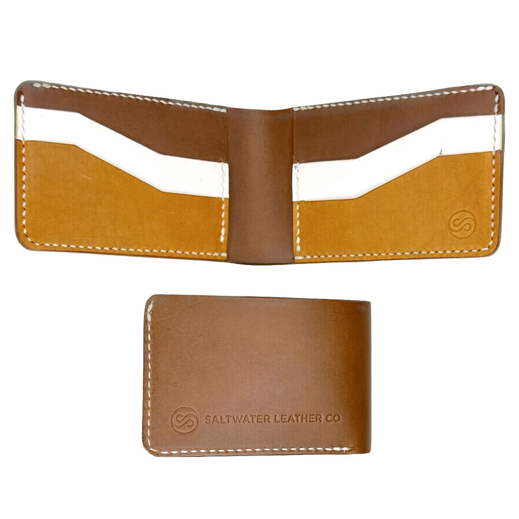 Brown, white, and yellow leather wallet with visible stitching on a white background, featuring the Saltwater Leather logo.