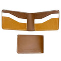 Brown, white, and yellow leather wallet with visible stitching on a white background, featuring the Saltwater Leather logo.