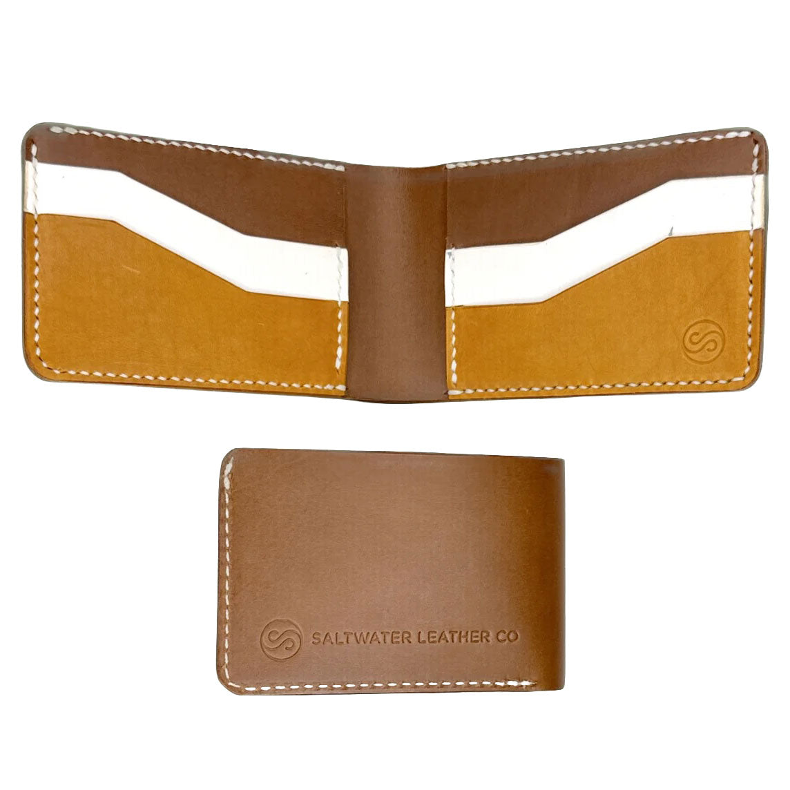 Brown, white, and yellow leather wallet with visible stitching on a white background, featuring the Saltwater Leather logo.