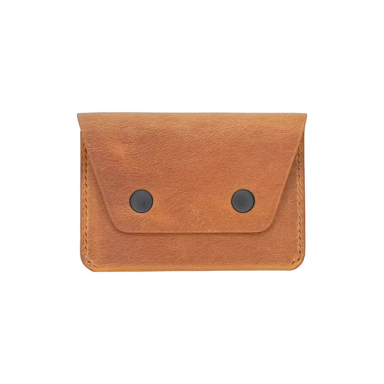 Brown leather wallet with two black buttons on a white background