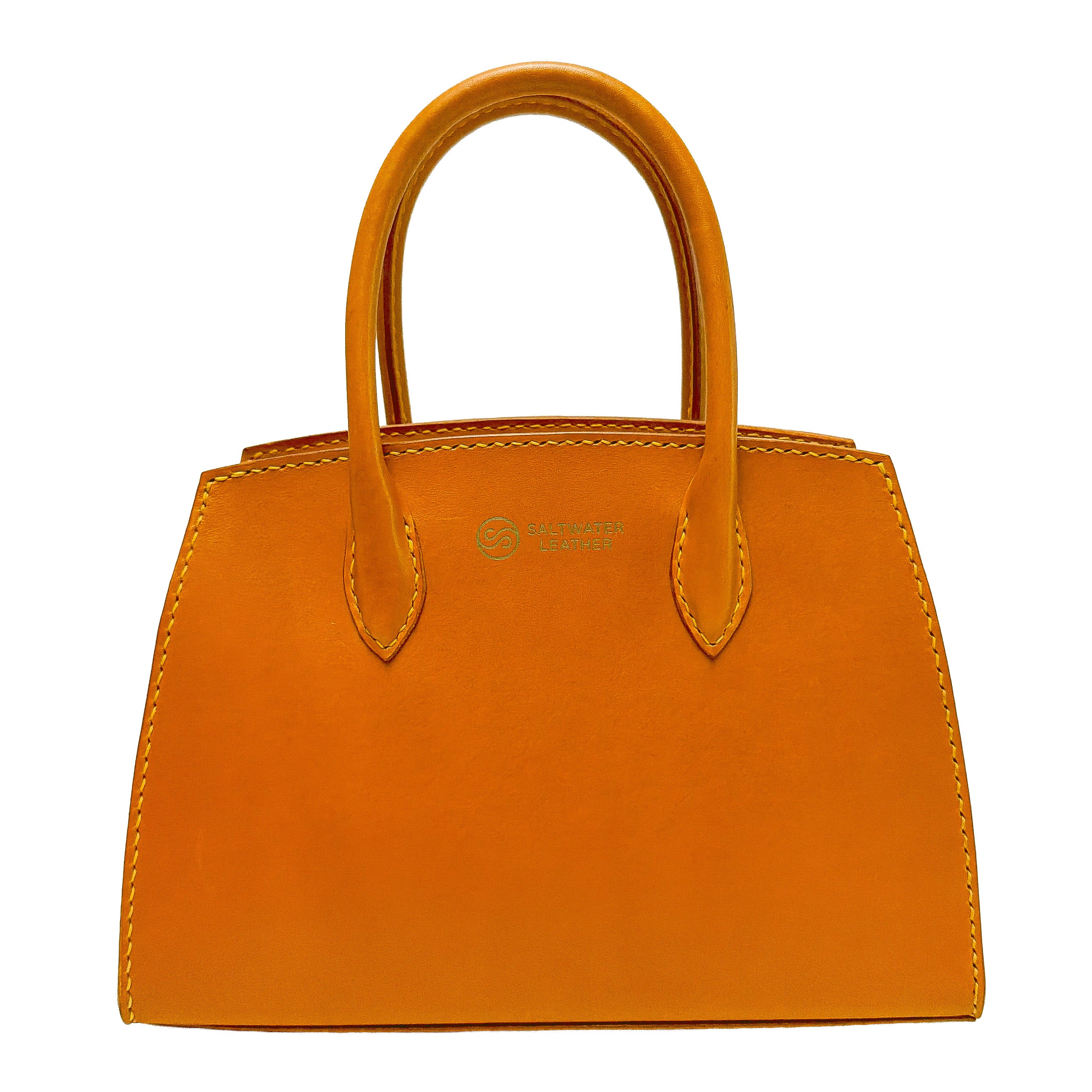 Orange handbag with visible stitching on a white background