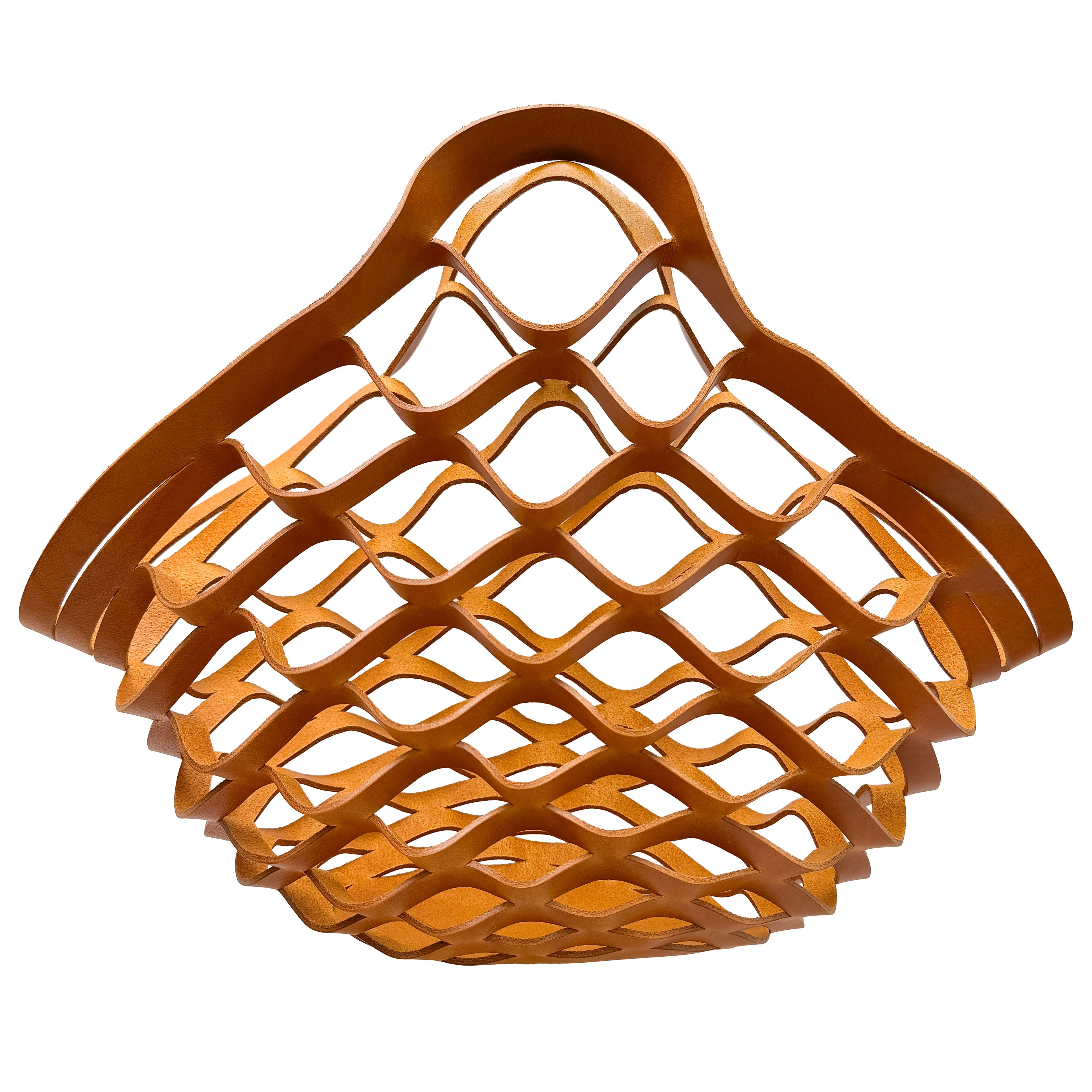 Yellow leather woven basket on a white background