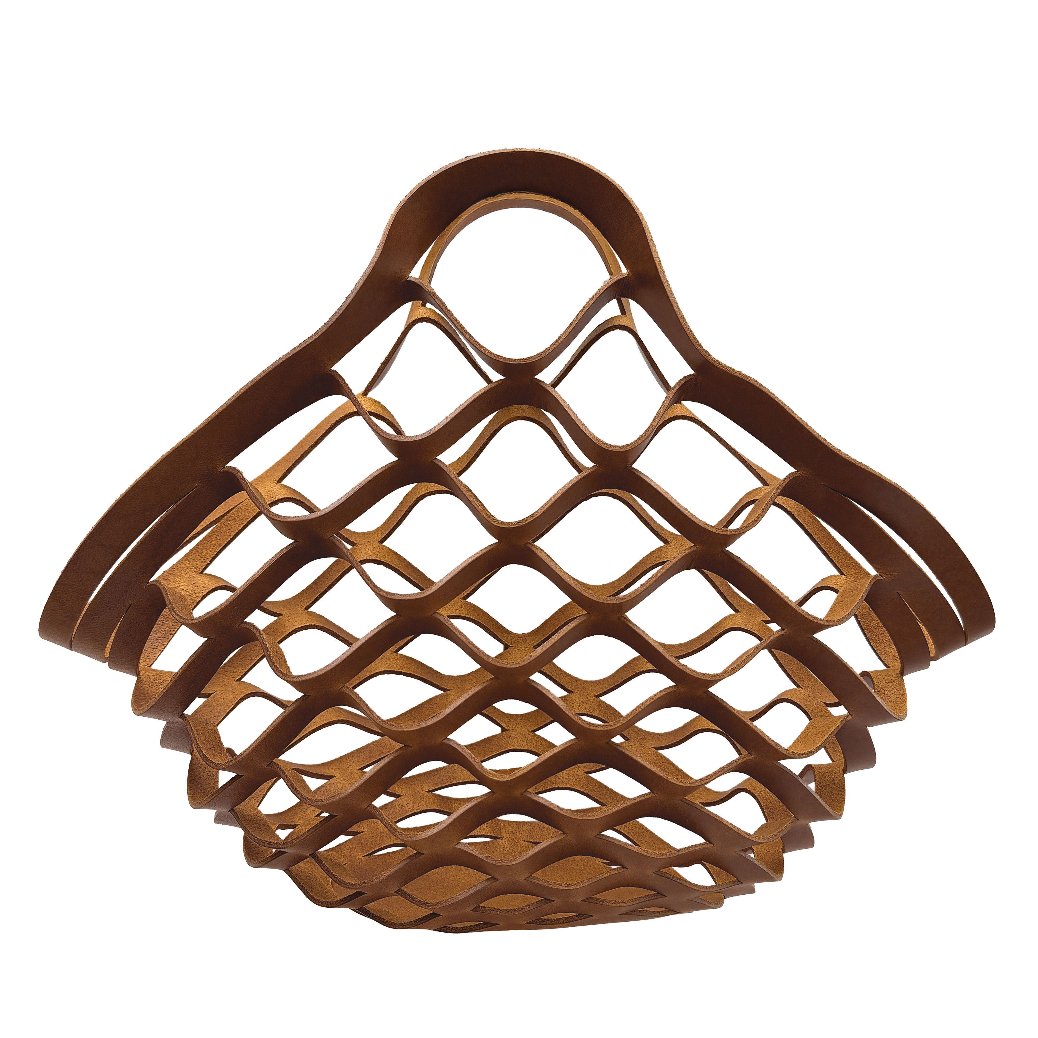 Brown leather woven basket with a handle on a white background