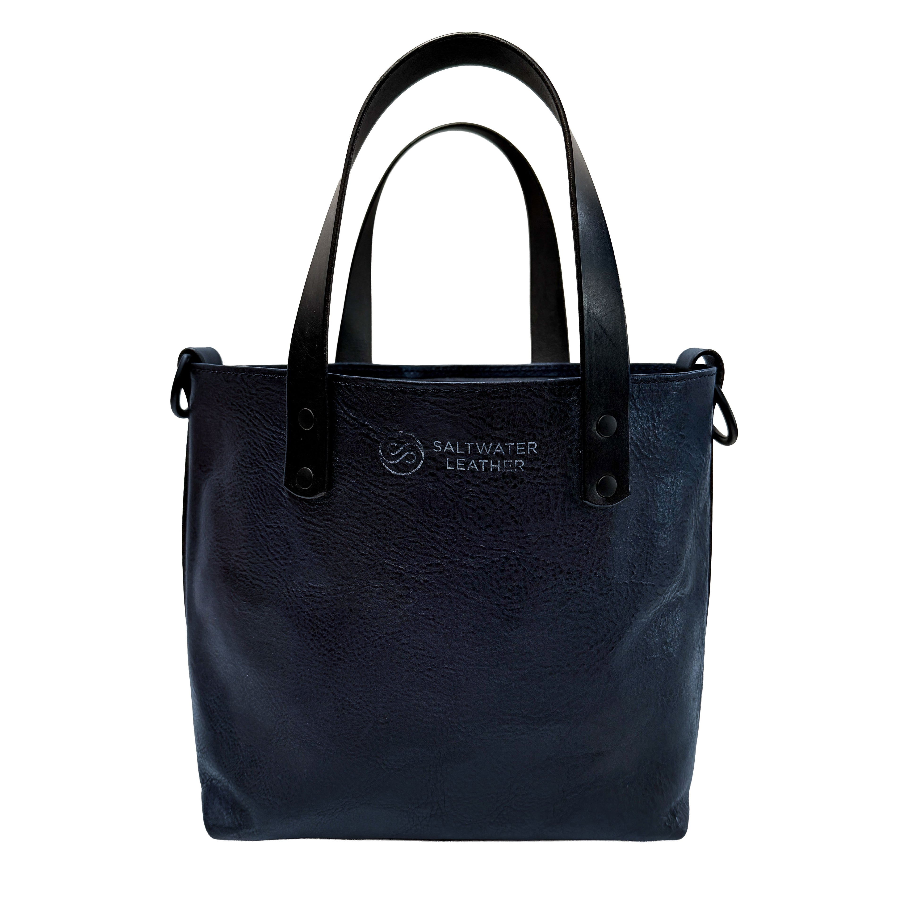 Black leather tote bag with Saltwater Leather logo on a white background