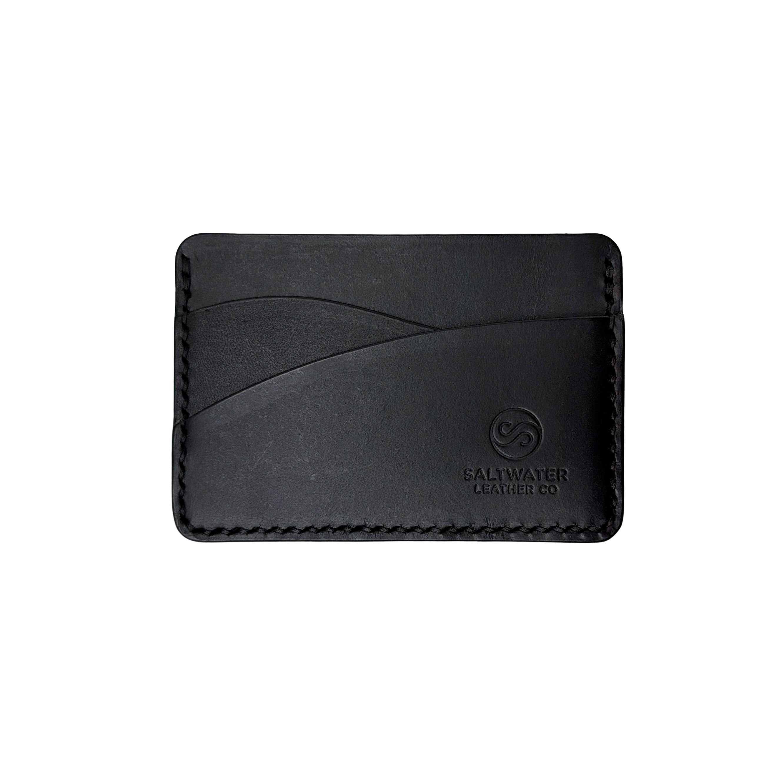 Black leather cardholder with 'Saltwater Leather' branding on a white background