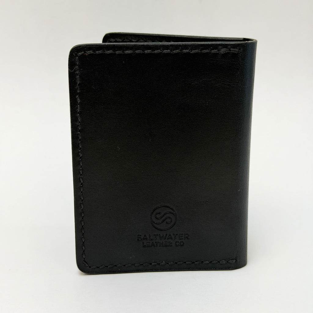 Black leather wallet with a visible brand logo on a white background