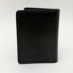 Black leather wallet with a visible brand logo on a white background
