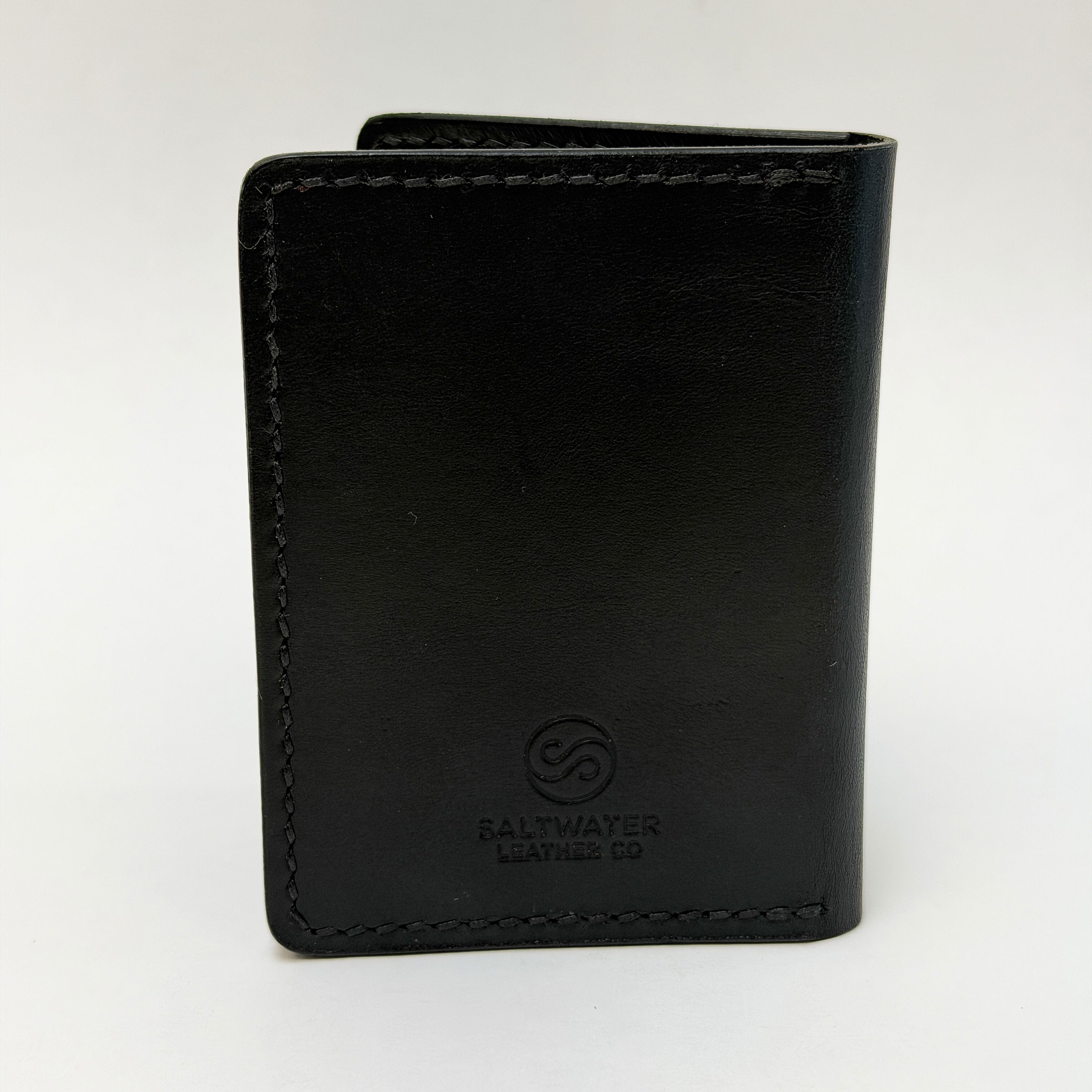 Black leather wallet with a visible brand logo on a white background