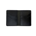 Black leather wallet with a brand logo on a white background