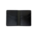 Black leather wallet with a brand logo on a white background