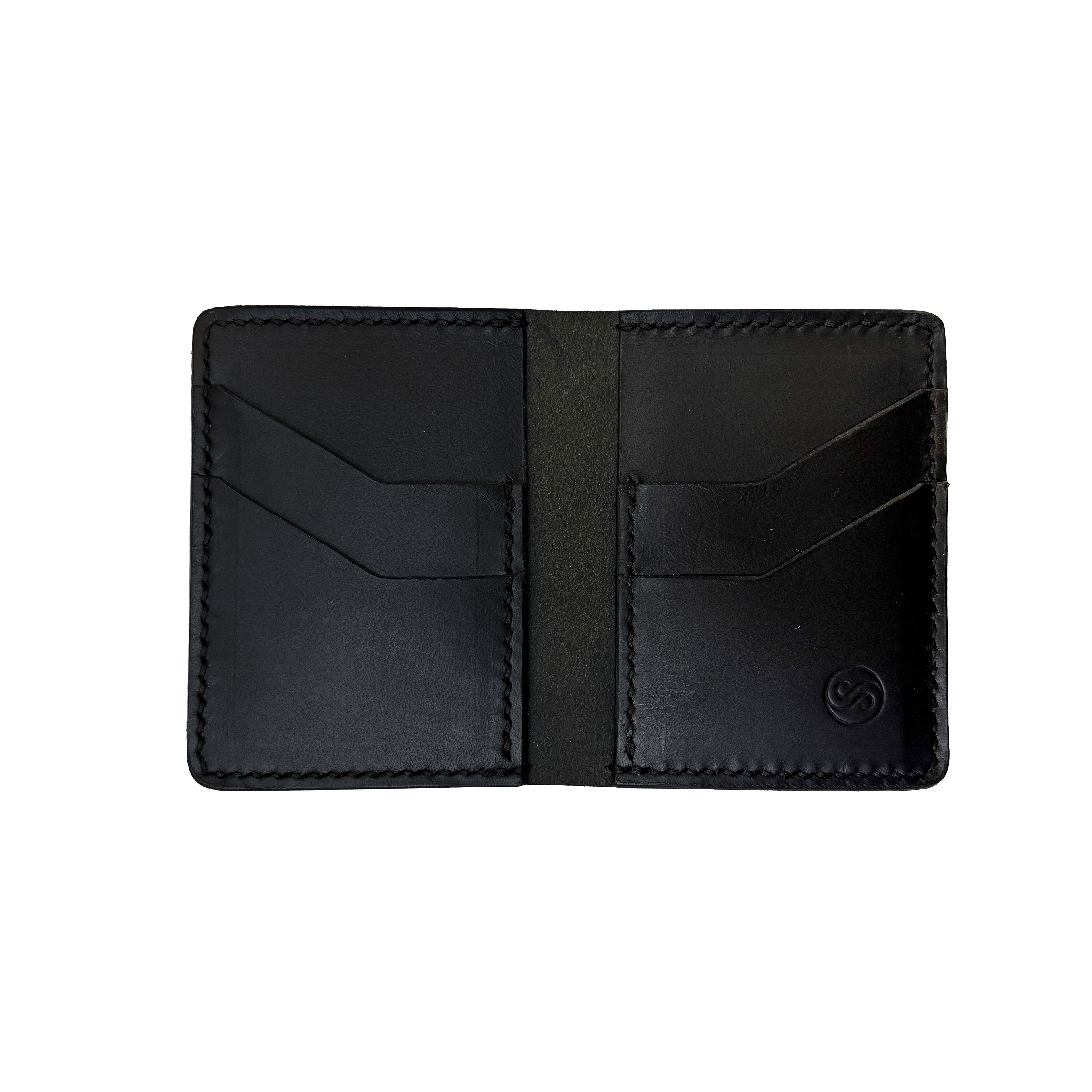 Black leather wallet with a brand logo on a white background