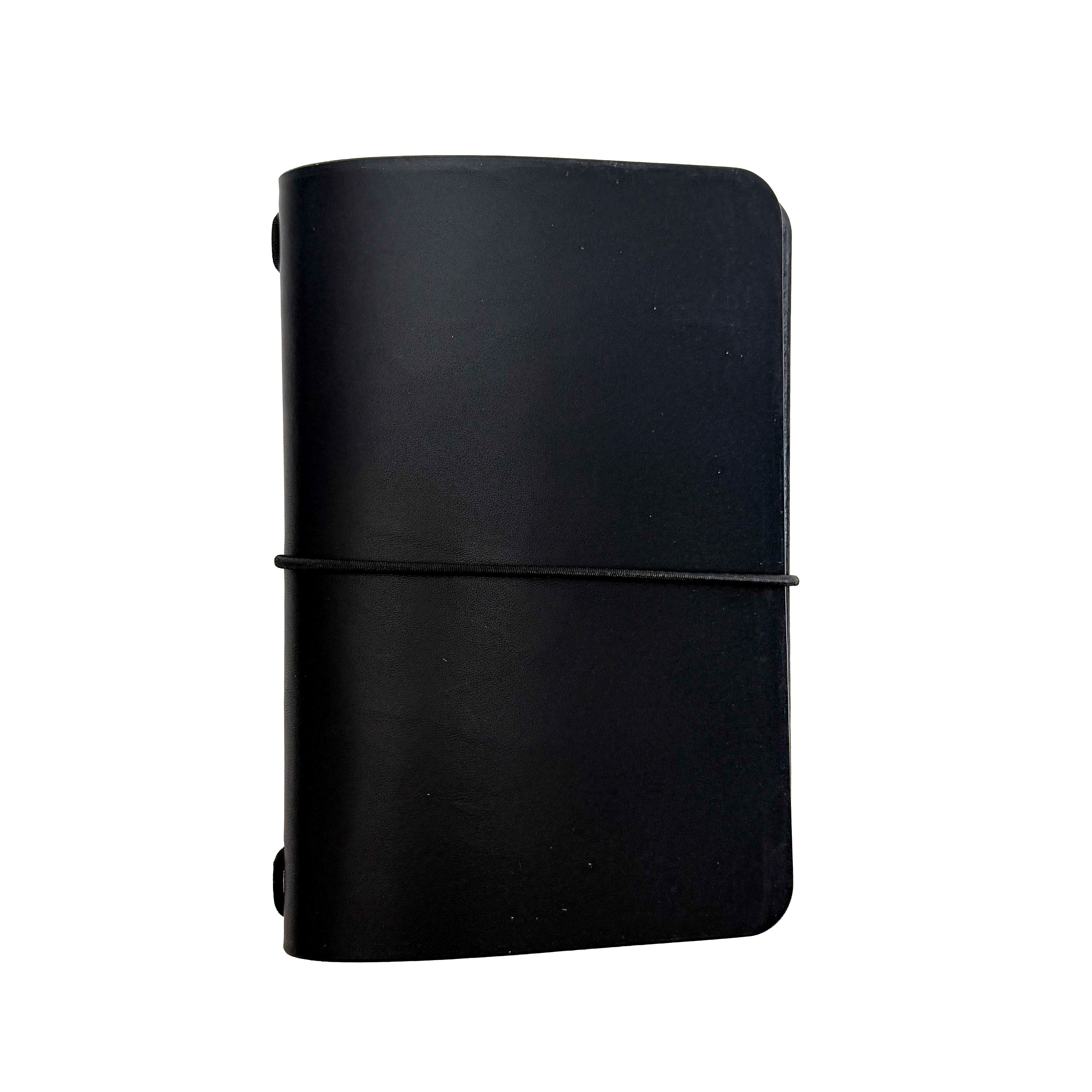 Saltwater Leather vegetable tanned leather journal cover in Midnight black with an elastic band closure, photographed against a white background.