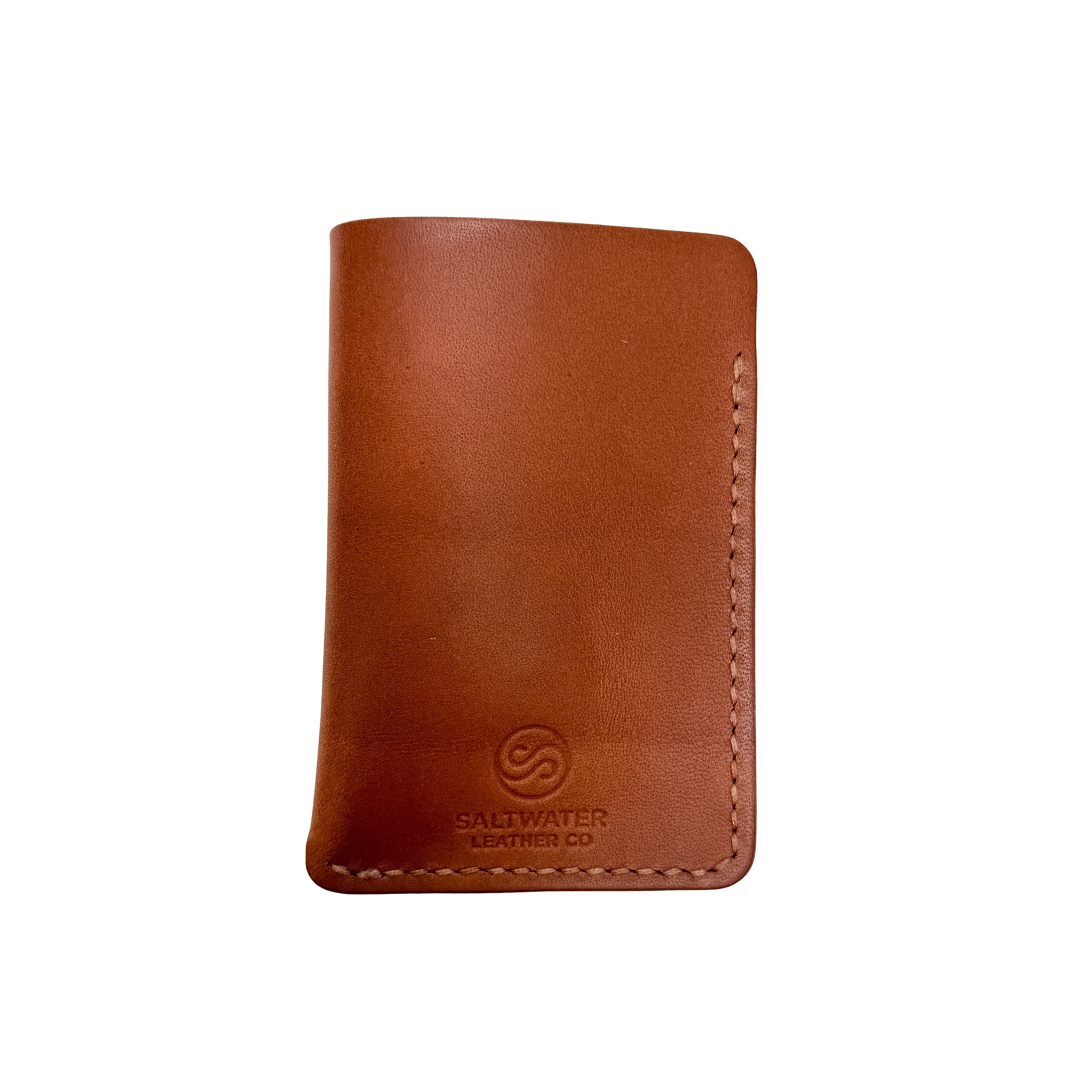Brown leather wallet with a visible brand logo on a white background
