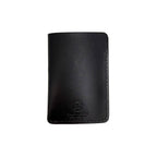 Black leather wallet with a brand logo on a white background