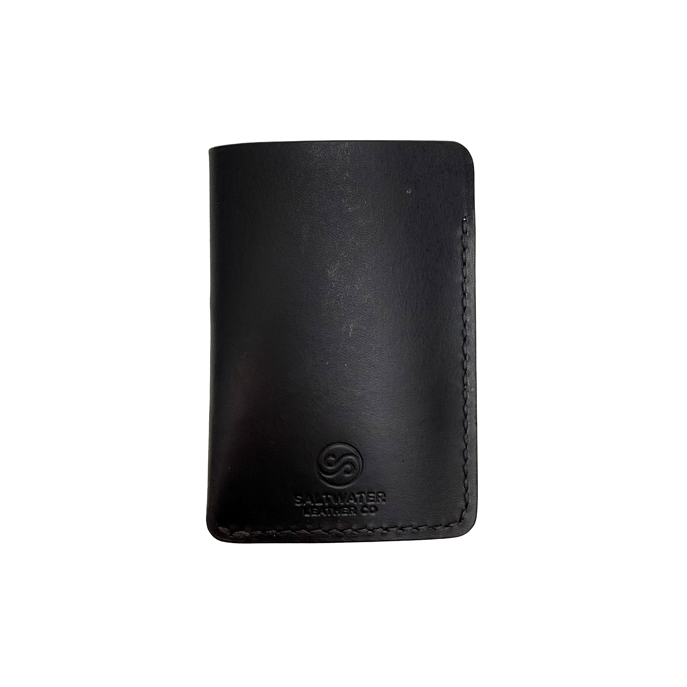 Black leather wallet with a brand logo on a white background