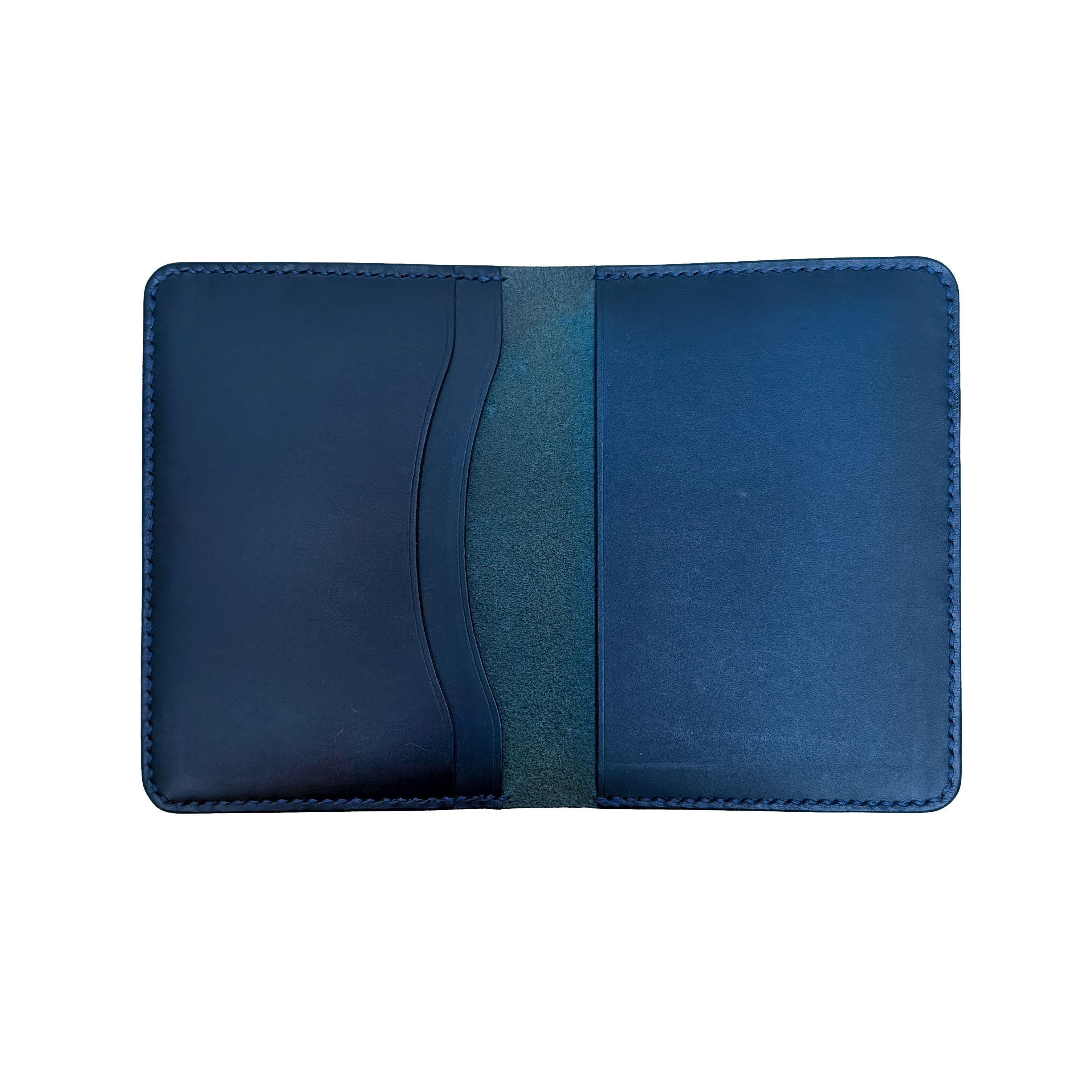 Blue leather passport holder on a white background