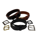 Three leather belts with different buckles on a white background