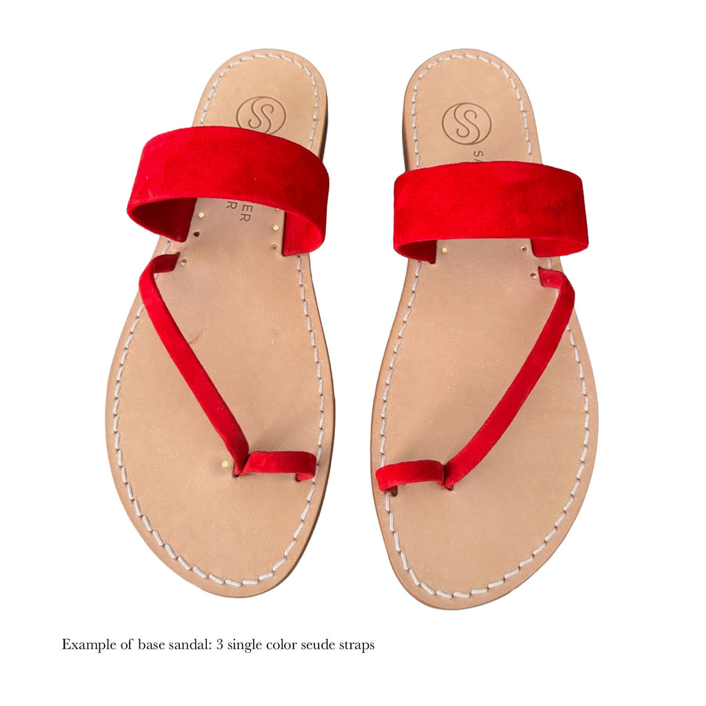 Pair of sandals with red straps on a white background