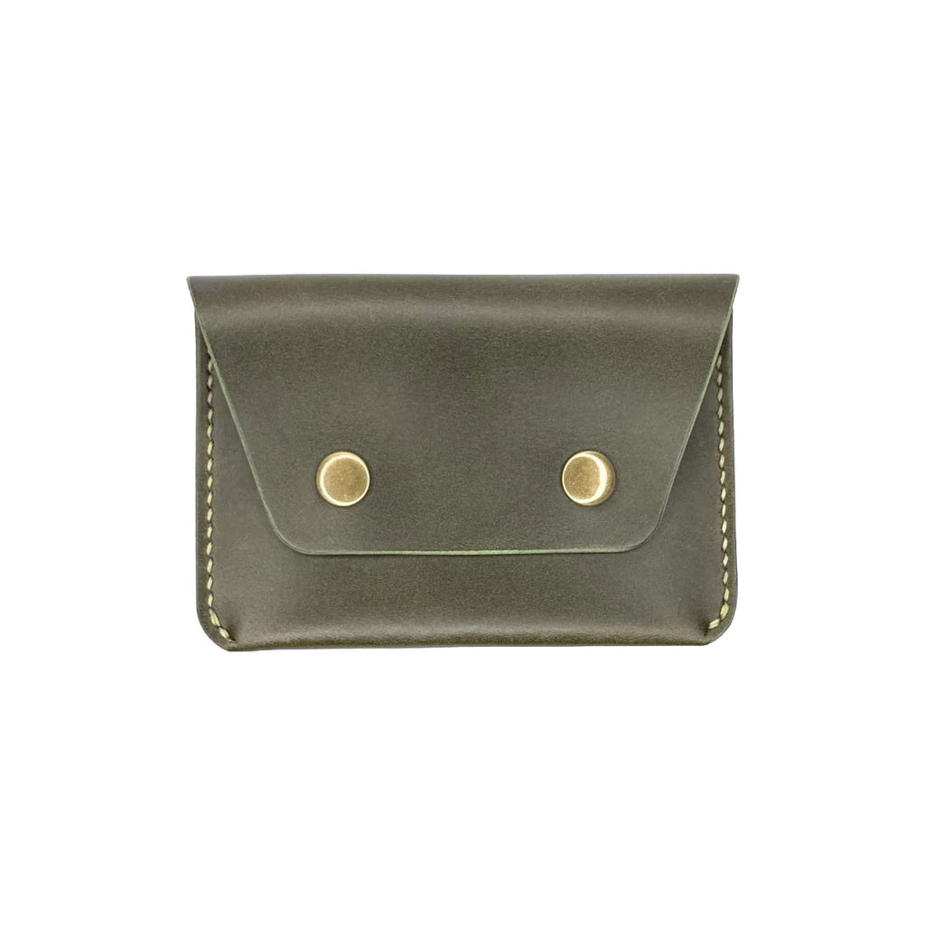 Green leather wallet with gold buttons on a white background