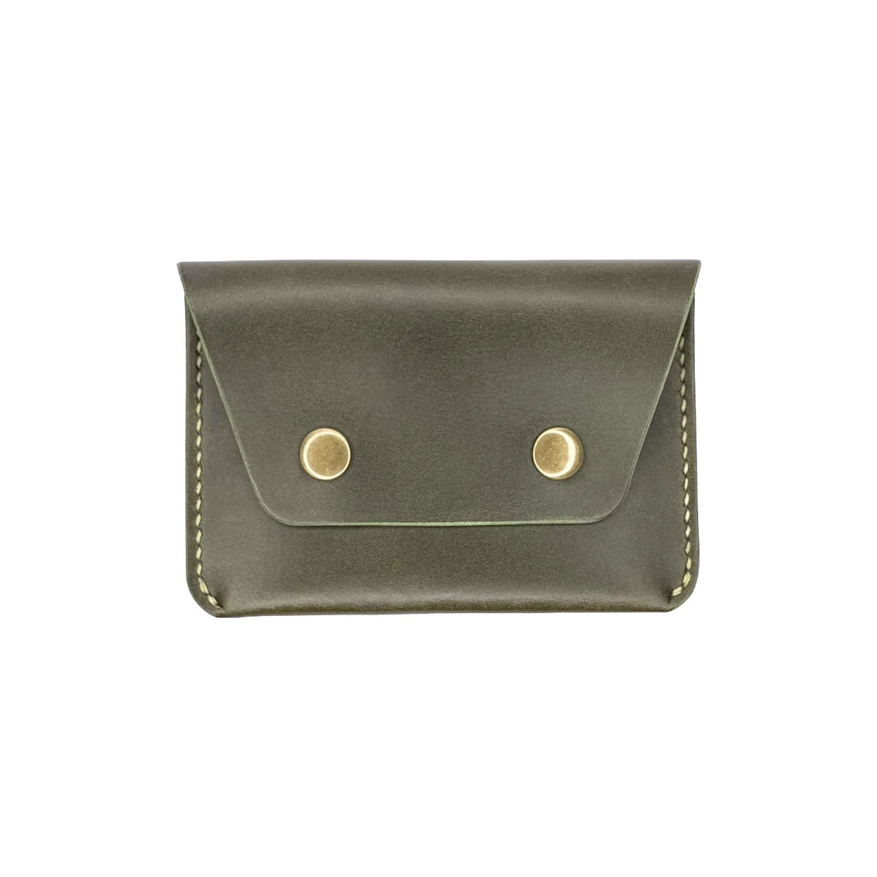 Green leather wallet with gold buttons on a white background