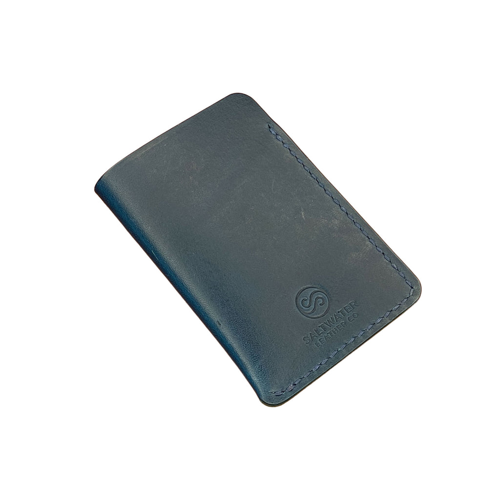 Blue leather wallet with a brand logo on a white background