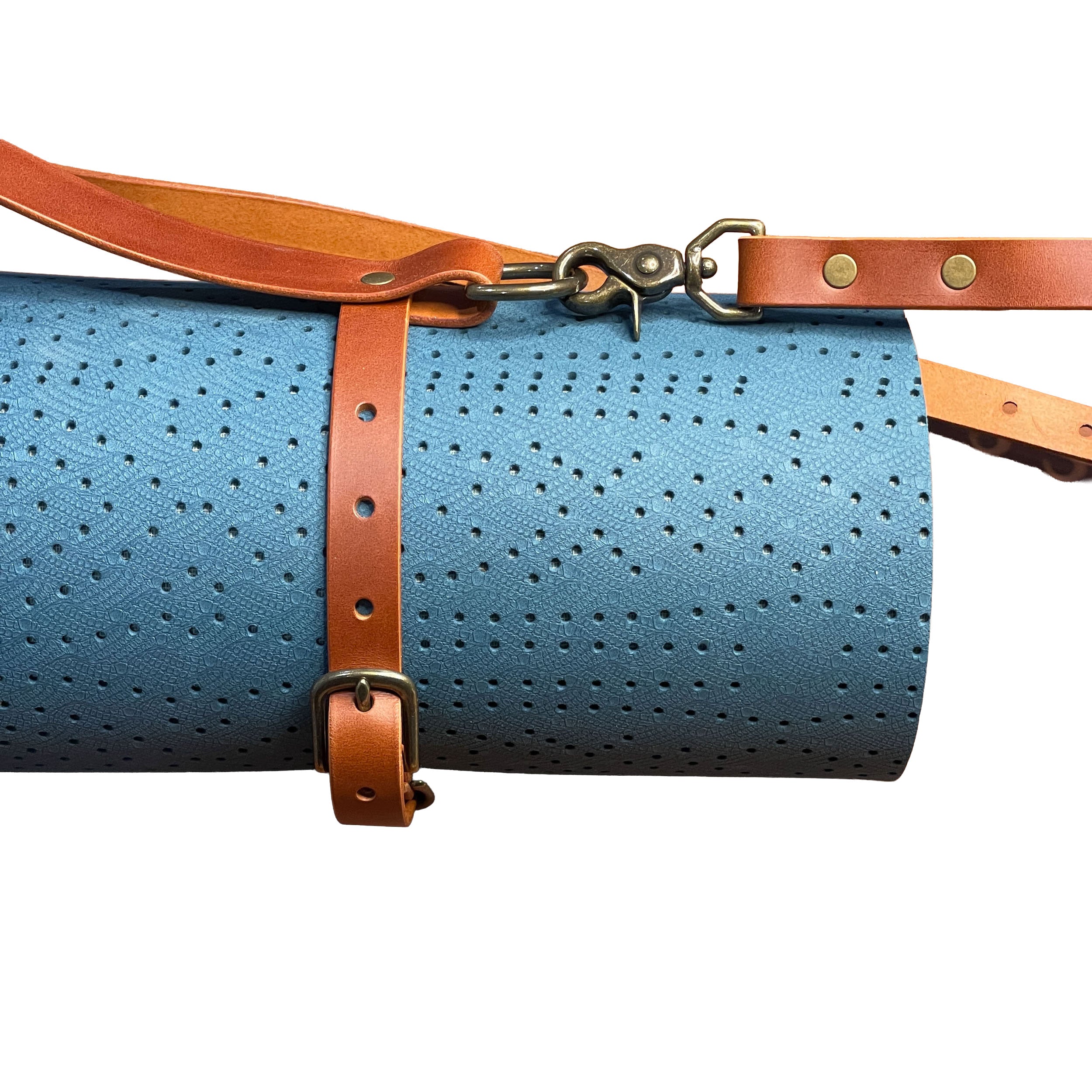 Blue mat with brown leather strap and gold buckle on a white background