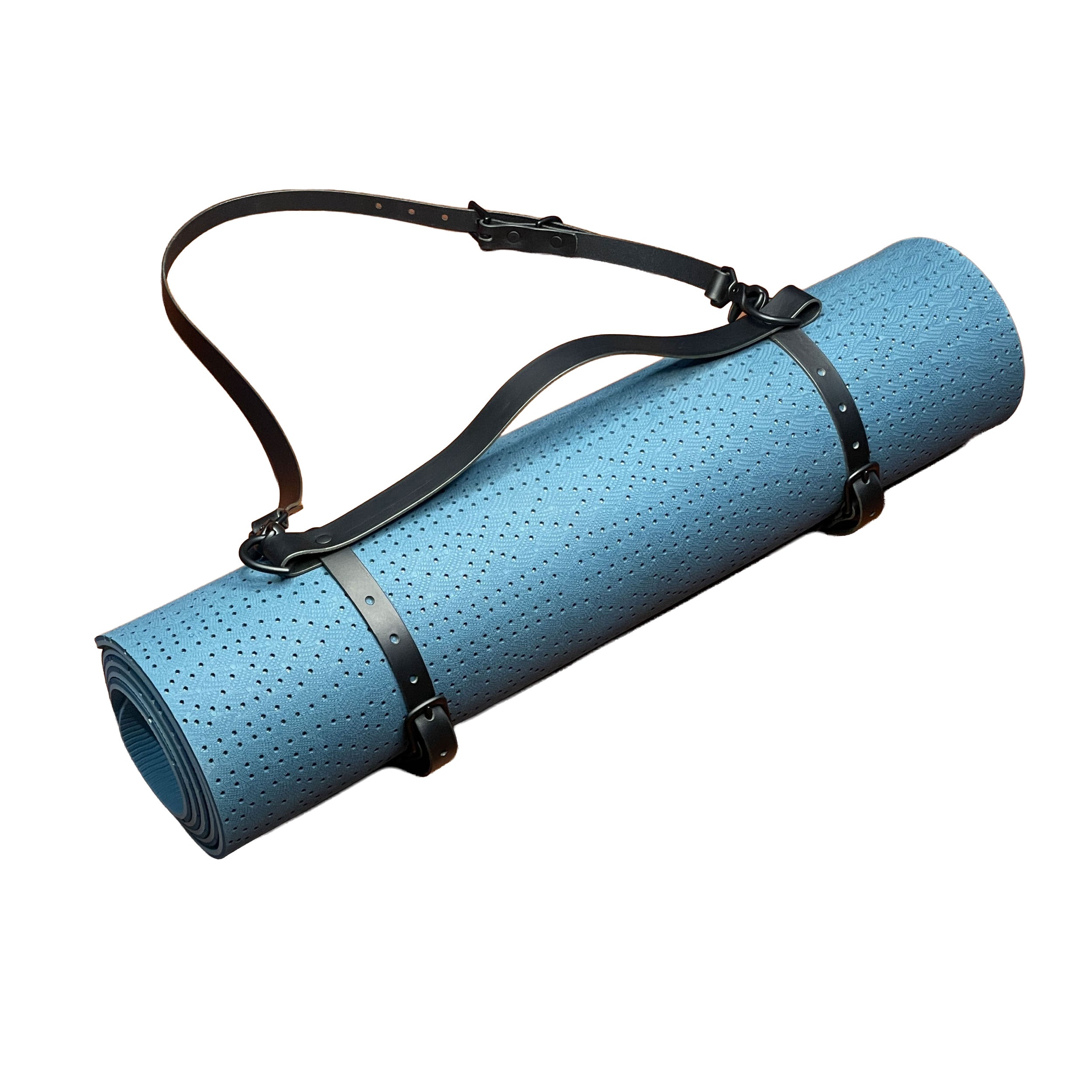 Blue yoga mat with a black carrying strap on a white background