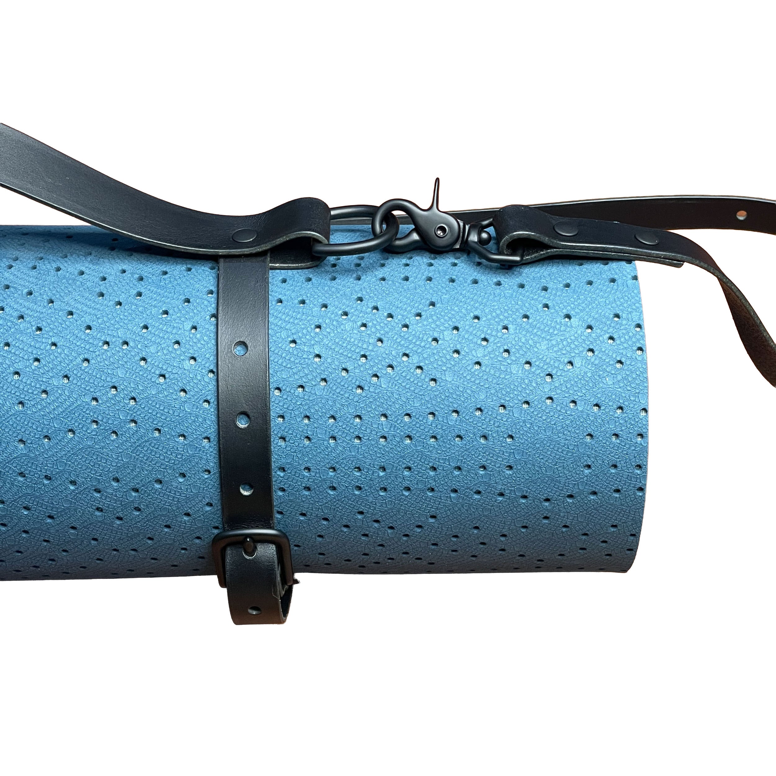 Blue perforated mat with black straps on a white background