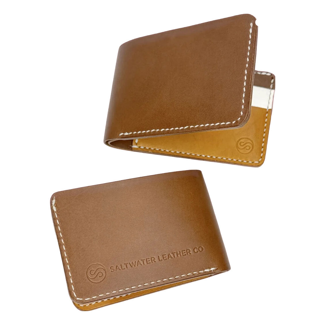Two brown leather wallets with visible stitching on a white background, featuring the Saltwater Leather logo.