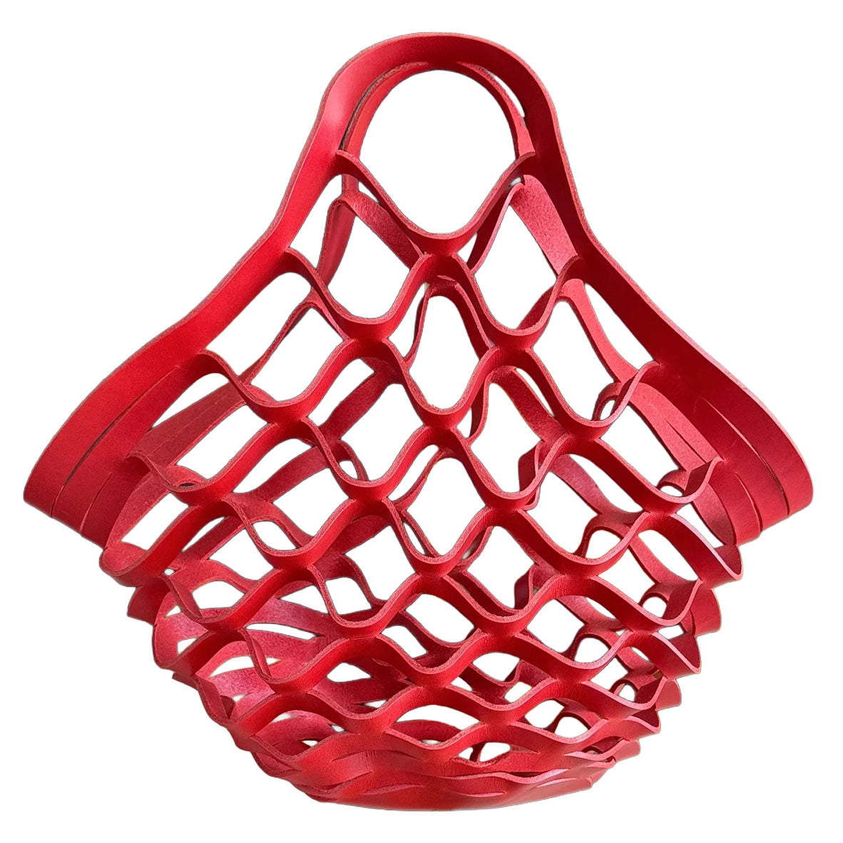 Red leather woven bag on a white background
