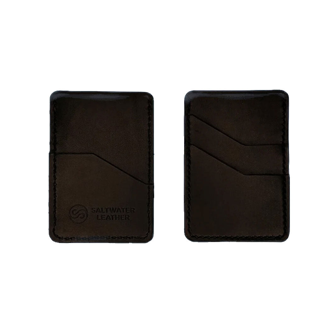 Two black leather card holders on a white background with 'Saltwater Leather' branding.