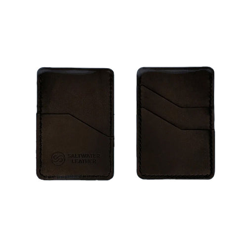 Two black leather card holders on a white background with 'Saltwater Leather' branding.