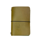 Saltwater Leather vegetable tanned leather journal cover in Olive green with an elastic band closure, photographed against a white background.