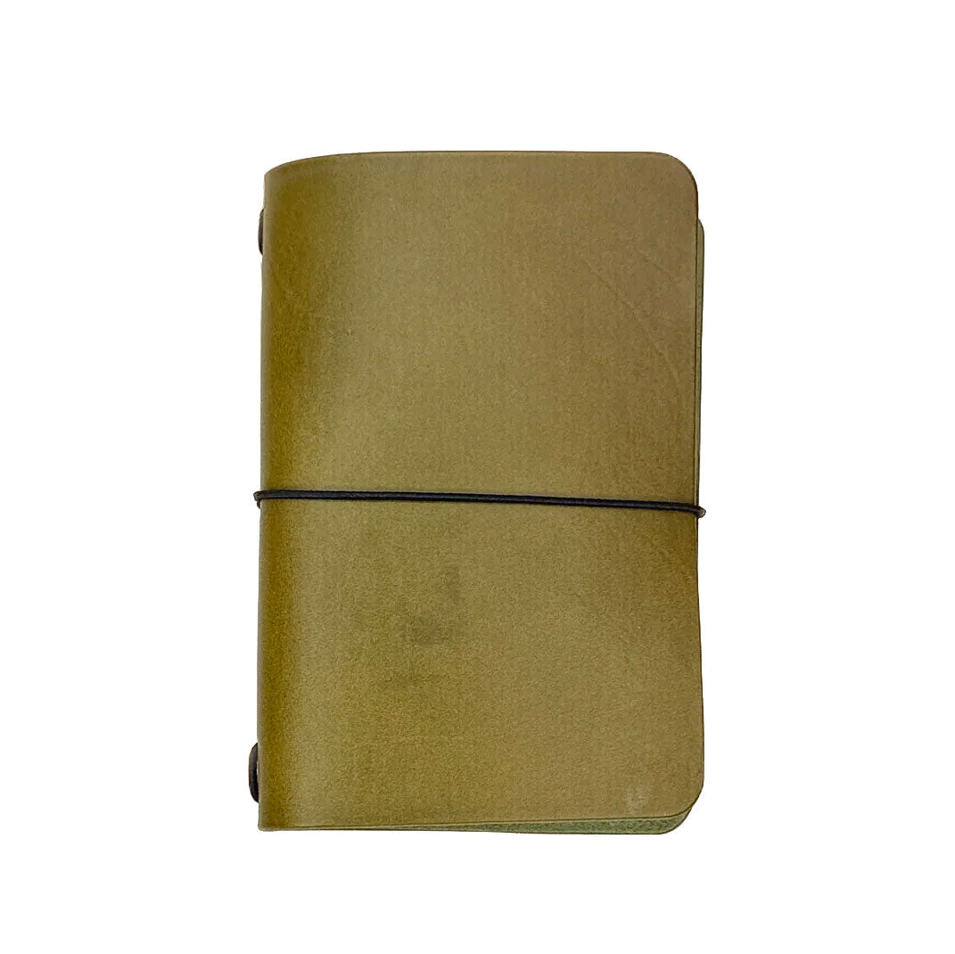 Saltwater Leather vegetable tanned leather journal cover in Olive green with an elastic band closure, photographed against a white background.