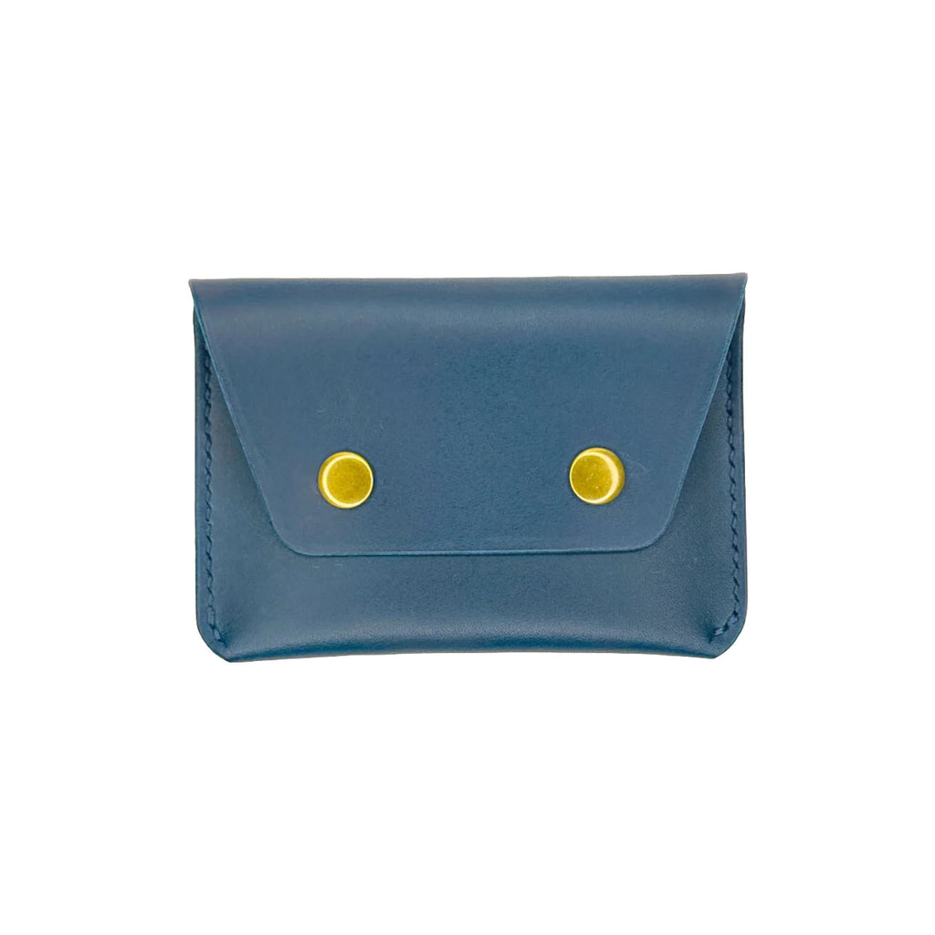 Blue leather wallet with yellow buttons on a white background