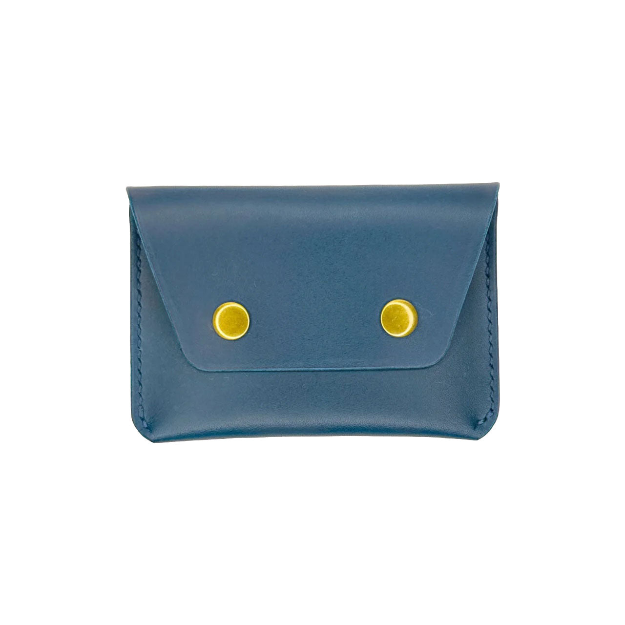 Blue leather wallet with yellow buttons on a white background