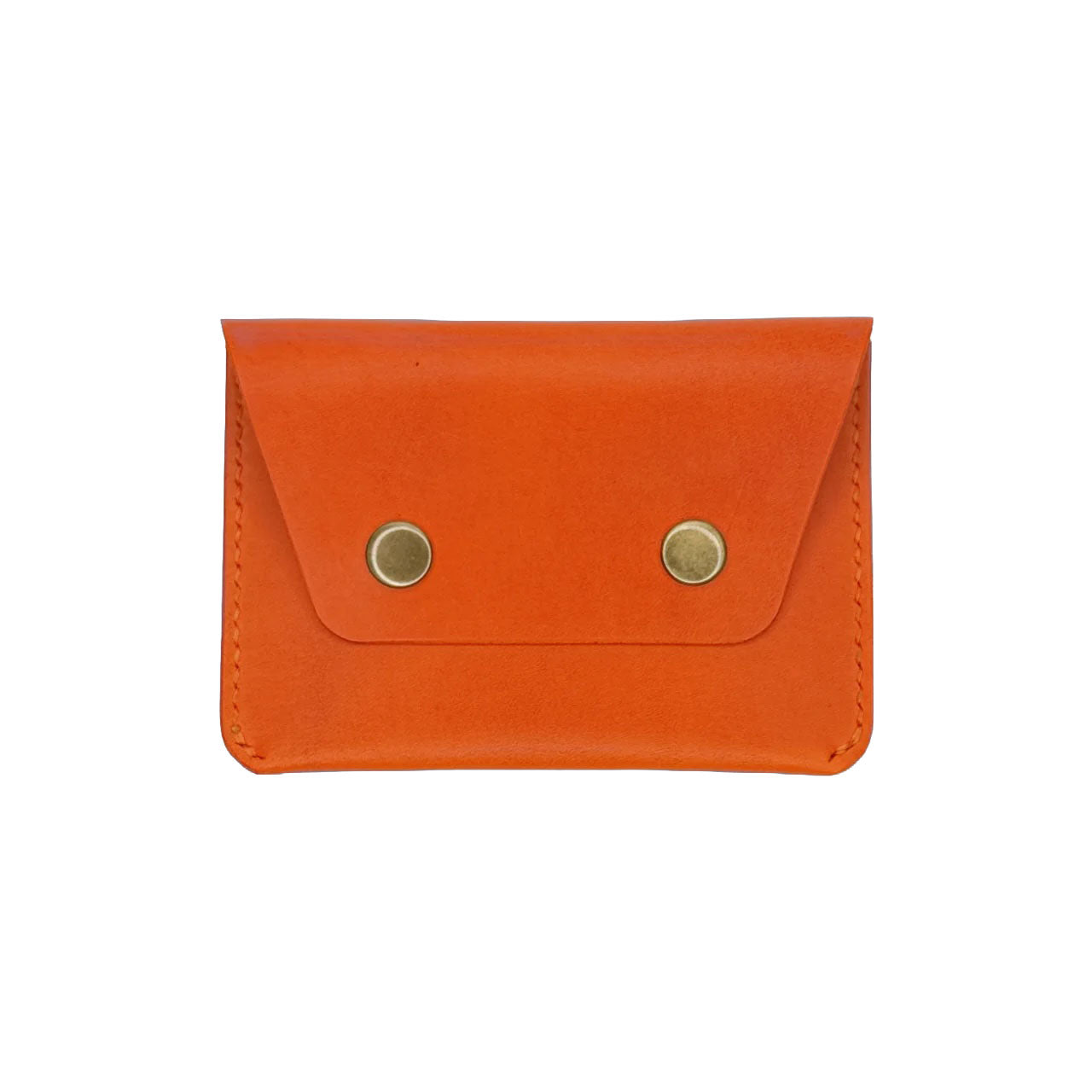 Orange leather wallet with gold buttons on a white background